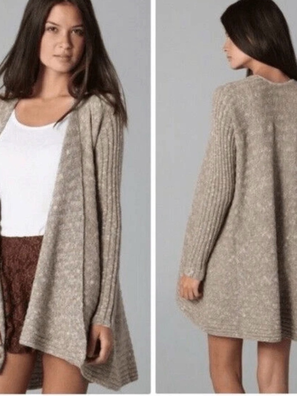 Free People “Beached She’ll” Heathered Taupe Open-Front Knit Cardigan